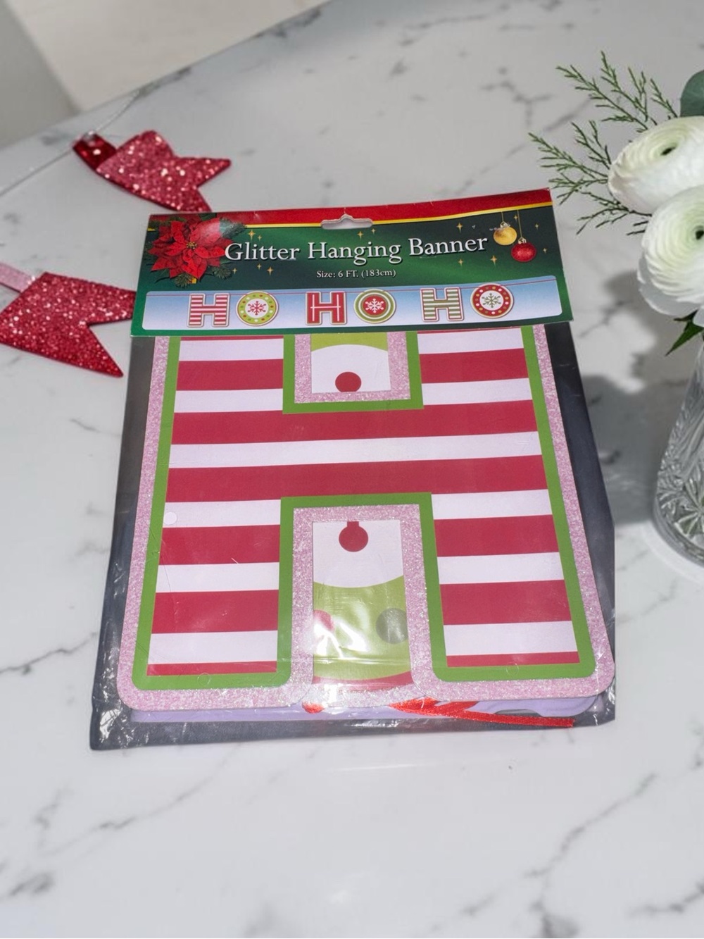 "HO HO HO" - Glitter Red & White Holiday Hanging Banner